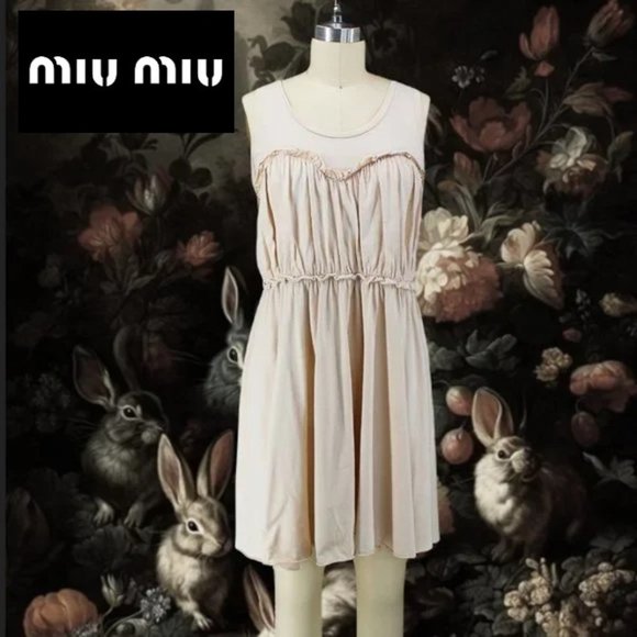 Miu Miu Dresses & Skirts - Miu Miu by Prada Dress Beige/Pink Cotton Knit Sleeveless Ruffle A-line Scoop